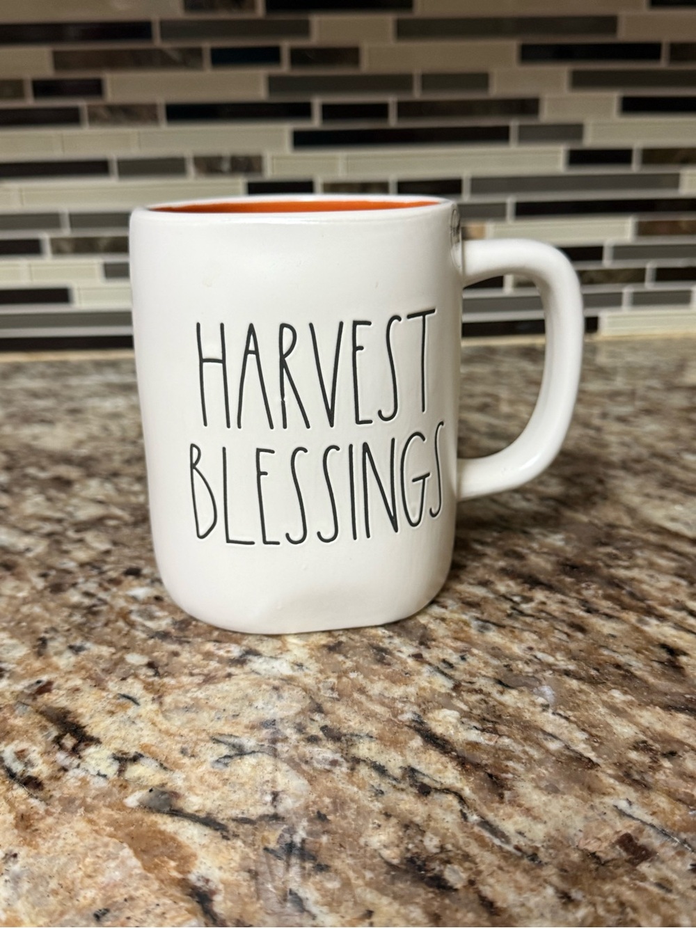 Rae Dunn 'HARVEST BLESSINGS' Mug - White Exterior with Orange Interior